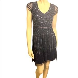 Adrianna Papell Navy blue cap sleeve beaded cocktail dress